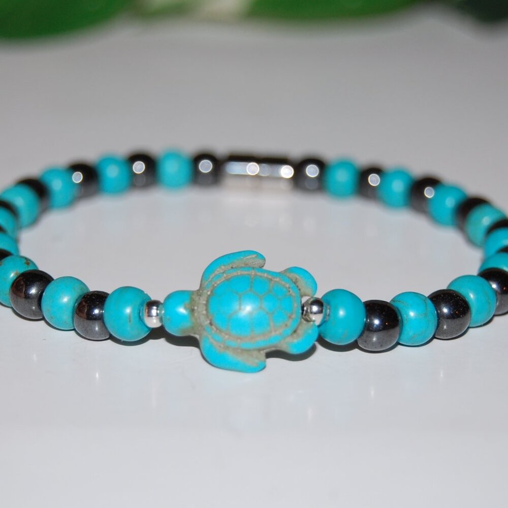 Turtle Bracelet,6mm Turquoise and Magnetic Beads,Magnetic Closure